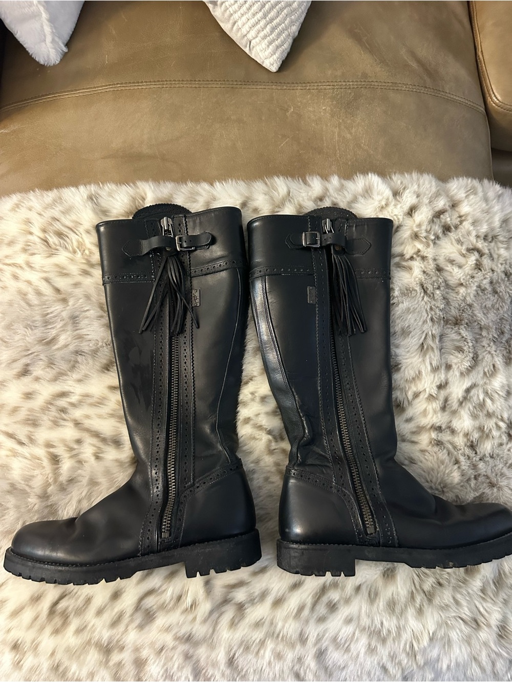SBC Black Genuine Leather Tall Boots with Tassel and Buckle Detail